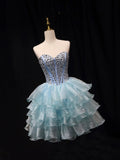 Blue Tulle Crystal Short Party Dress, A-Line Strapless Evening Party Dress HZ0429