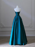 A-Line Satin Floor Length Prom Dress, Blue Strapless Evening Party Dress HZ0429