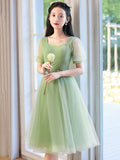 Cute Tulle Short Knee Length Prom Dress, Green A-Line Evening Party Dress HZ0429