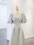 Lovely Satin Pearl Long Prom Dress, A-Line Short Sleeve Evening Party Dress HZ0429
