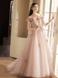 Beautiful Tulle Long Prom Dress with Flowers, A-Line Off the Shoulder Evening Party Dress HZ0429