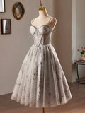 Gray Tulle Sequins Short A-Line Prom Dress, Lovely Spaghetti Strap Evening Party Dress HZ0429