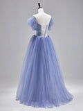 Blue Satin Tulle Floor Length Prom Dress, Beautiful Short Sleeve Formal Evening Dress HZ0429