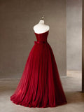 Burgundy Strapless Tulle Long Prom Dress, A-Line Backless Evening Party Dress HZ0429