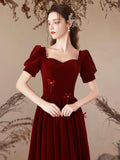 Burgundy Velvet Long Prom Dress, Lovely A-Line Short Sleeve Party Dress HZ0429