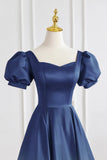 Navy Satin Long Prom Dress, A-Line Short Sleeve Evening Party Dress HZ0429