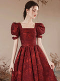 Burgundy A-Line Tea Length Prom Dress, Cute Short Sleeve Evening Party Dress HZ0429