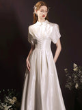 White Satin Long Prom Dress, Beautiful Short Sleeve Graduation Party Dress HZ0429