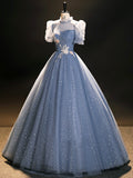 Blue Tulle Long A-Line Prom Dress, Beautiful Short Sleeve Evening Party Dress HZ0429