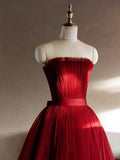Burgundy Strapless Tulle Long Prom Dress, A-Line Backless Evening Party Dress HZ0429