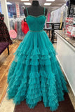 A-Line Tiered Ruffle Sweetheart Beaded Long Prom Dress, Turquoise Evening Party Dress HZ0429
