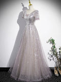 A-Line Tulle Sequins Floor Length Prom Dress, Beautiful Short Sleeve Party Dress HZ0429
