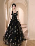 Black Floral Tulle Floor Length Prom Dress, Off the Shoulder Evening Party Dress HZ0429