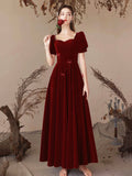 Burgundy Velvet Long Prom Dress, Lovely A-Line Short Sleeve Party Dress HZ0429