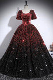 Burgundy Black Ombre Sequin Ball Gown Puff Sleeve Square Neck Prom Dress HZ0429