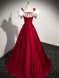 White and Burgundy Satin Long Prom Dress, Beautiful A-Line Short Sleeve Evening Dress HZ0429