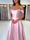 A-Line Satin Long Prom Dress, Simple Off the Shoulder Evening Party Dress HZ0429