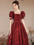 Burgundy A-Line Tea Length Prom Dress, Cute Short Sleeve Evening Party Dress HZ0429