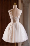 A-Line Tulle Beaded Short Prom Dress, Light Champagne Spaghetti Strap Party Dress HZ0429