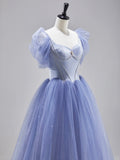 Blue Satin Tulle Floor Length Prom Dress, Beautiful Short Sleeve Formal Evening Dress HZ0429