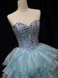 Blue Tulle Crystal Short Party Dress, A-Line Strapless Evening Party Dress HZ0429