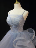 Beautiful Gray Cascading Ruffles Pearl Prom Dress, A-line Spaghetti Straps Sleeveless Backless Formal Dress HZ0429