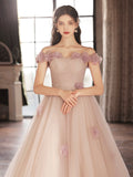 Beautiful Tulle Long Prom Dress with Flowers, A-Line Off the Shoulder Evening Party Dress HZ0429