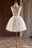 A-Line Tulle Beaded Short Prom Dress, Light Champagne Spaghetti Strap Party Dress HZ0429