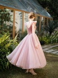 Retro Pink Velvet Tulle Tea Length Prom Dresses, A-Line U-Neck Short Sleeve Princess Party Dresses HZ0429