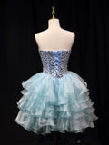 Blue Tulle Crystal Short Party Dress, A-Line Strapless Evening Party Dress HZ0429
