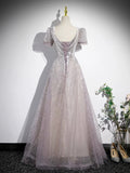 A-Line Tulle Sequins Floor Length Prom Dress, Beautiful Short Sleeve Party Dress HZ0429