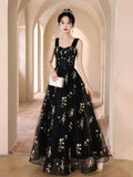 Black Floral Tulle Floor Length Prom Dress, Off the Shoulder Evening Party Dress HZ0429