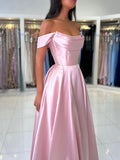 A-Line Satin Long Prom Dress, Simple Off the Shoulder Evening Party Dress HZ0429
