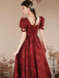 Burgundy A-Line Tea Length Prom Dress, Cute Short Sleeve Evening Party Dress HZ0429