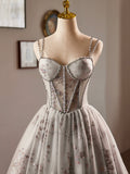Gray Tulle Sequins Short A-Line Prom Dress, Lovely Spaghetti Strap Evening Party Dress HZ0429