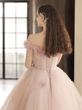 Beautiful Tulle Long Prom Dress with Flowers, A-Line Off the Shoulder Evening Party Dress HZ0429