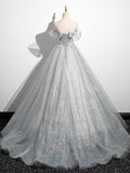 A-Line Off the Shoulder Sparkly Prom Dress, Gray Tulle Corset Floor Length Evening Dress HZ0429