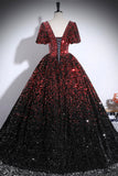 Burgundy Black Ombre Sequin Ball Gown Puff Sleeve Square Neck Prom Dress HZ0429