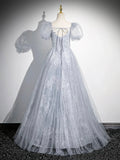 Gray Tulle Beaded Floor Length Prom Dress, A-Line Short Sleeve Evening Party Dress HZ0429