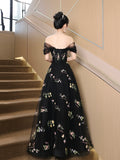 Black Floral Tulle Floor Length Prom Dress, Off the Shoulder Evening Party Dress HZ0429