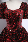 Burgundy Black Ombre Sequin Ball Gown Puff Sleeve Square Neck Prom Dress HZ0429