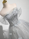 A-Line Off the Shoulder Sparkly Prom Dress, Gray Tulle Corset Floor Length Evening Dress HZ0429