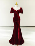 Burgundy Short Sleeve Pleated Velvet Long Mermaid Prom Dress with Slit HZ0429