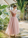 Retro Pink Velvet Tulle Tea Length Prom Dresses, A-Line U-Neck Short Sleeve Princess Party Dresses HZ0429