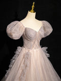 Lovely Short Sleeve Floor Length Prom Dress, Khaki A-Line Beaded Evening Party Dress HZ0429