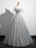 A-Line Off the Shoulder Sparkly Prom Dress, Gray Tulle Corset Floor Length Evening Dress HZ0429