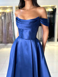A-Line Satin Long Prom Dress, Simple Off the Shoulder Evening Party Dress HZ0429
