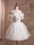 Ivory Spaghetti Strap Tulle Short Prom Dress, Lovely A-Line Evening Party Dress HZ0429