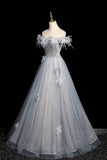 High quality Tulle Sequins Long Prom Dress, Shiny Gray Blue Off the Shoulder Evening Party Dress HZ0429