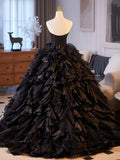 Beautiful Black Cascading Ruffles Prom Dress, Black Strapless Long Formal Dress HZ0429
